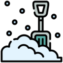 A stylized icon of a snow shovel embedded in a mound of snow under a starry night sky.